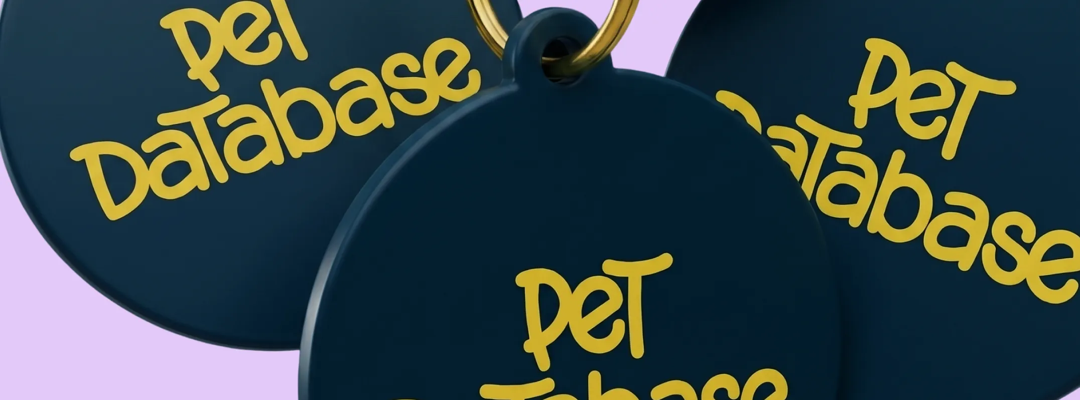 Close-up of dark pet ID tags with yellow text reading 'Pet Database' on a lavender background.
