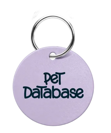 Round lavender pet tag keychain with the words Pet Database in black text.