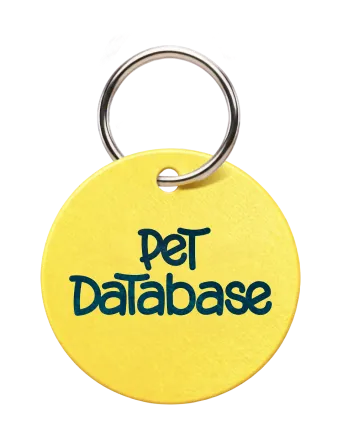 Yellow circular keychain tag with the words 'Pet Database' in blue text and a silver keyring.