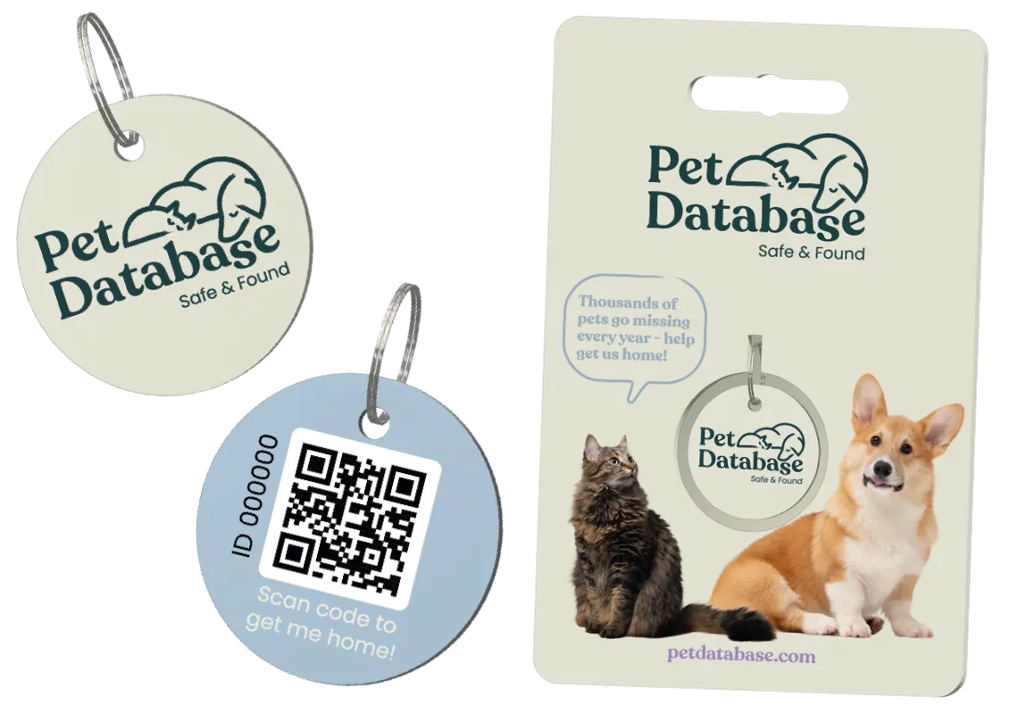Pet Database ID tags with QR code, cat and dog images, encouraging scan to help lost pets get home.