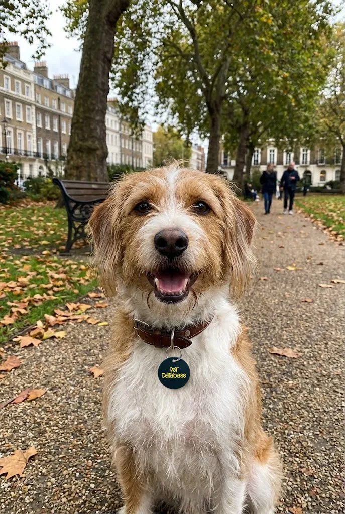 Happy brown and white dog with a collar and tag sitting on a leaf-strewn path in a park.