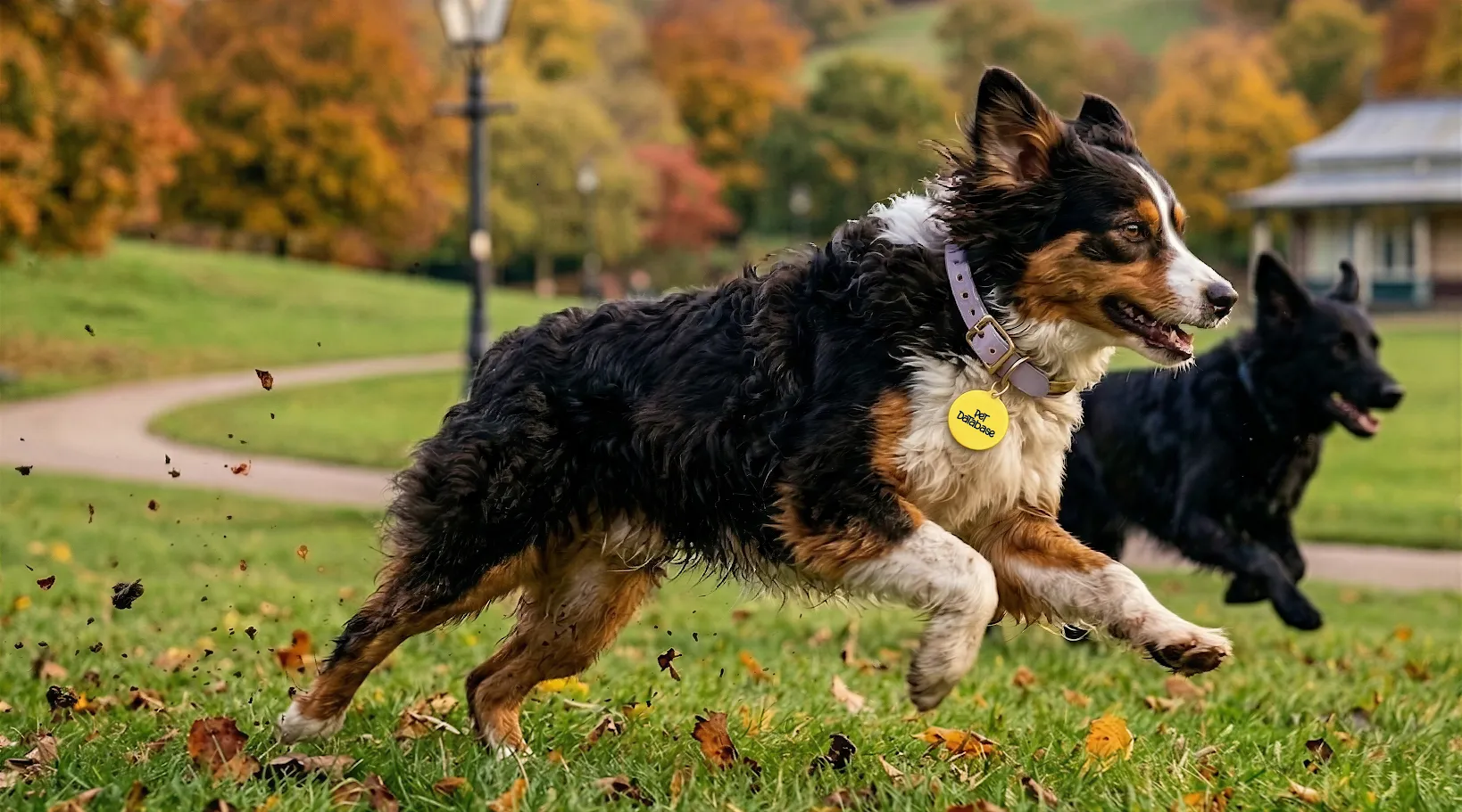A tricolor dog running on grass with another black dog chasing in a park with autumn trees.