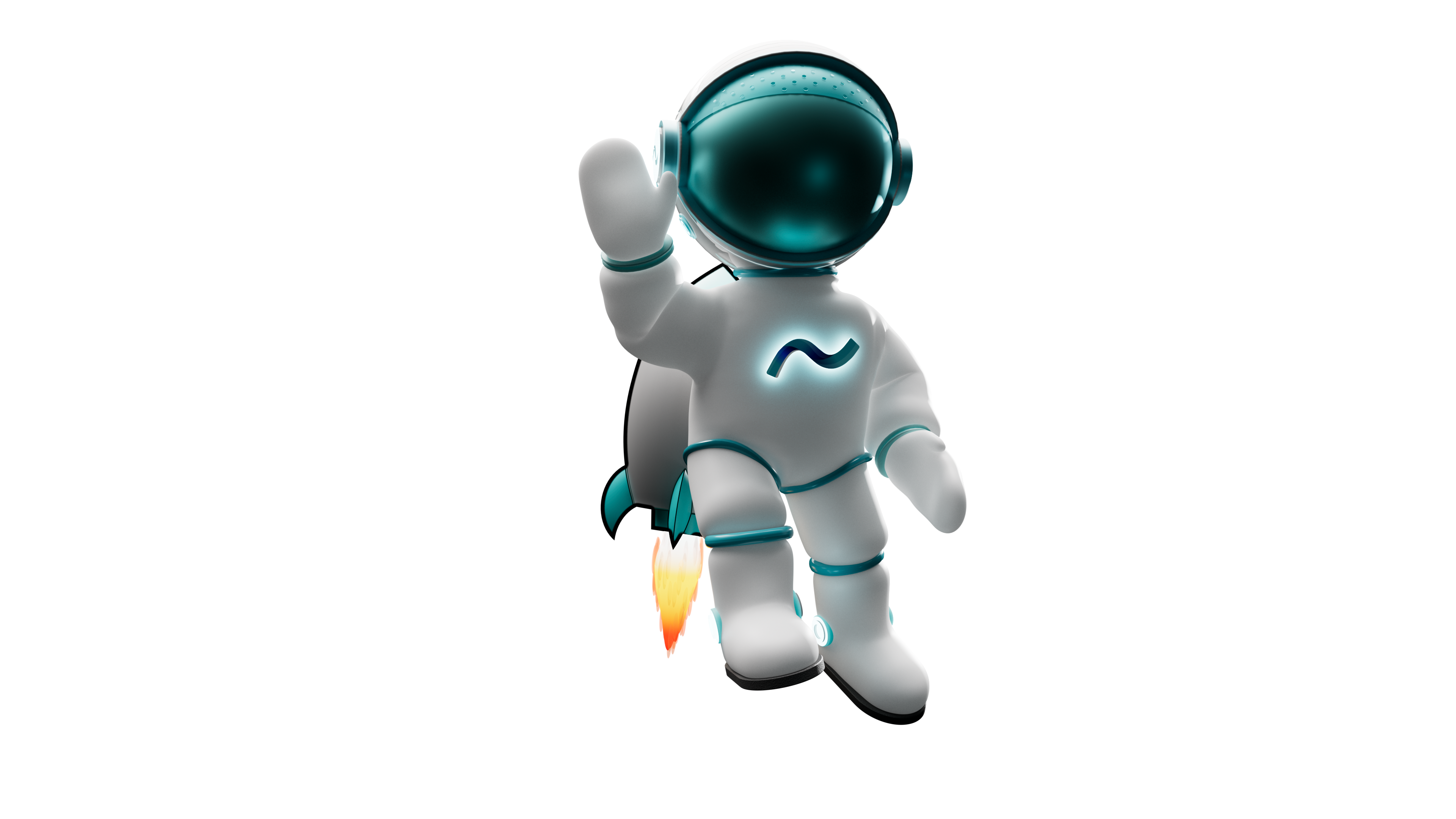 SmarterDx Smartian mascot flying with a rocket pack and waving