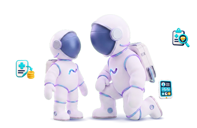 Two astronauts with pediatric clinical icons