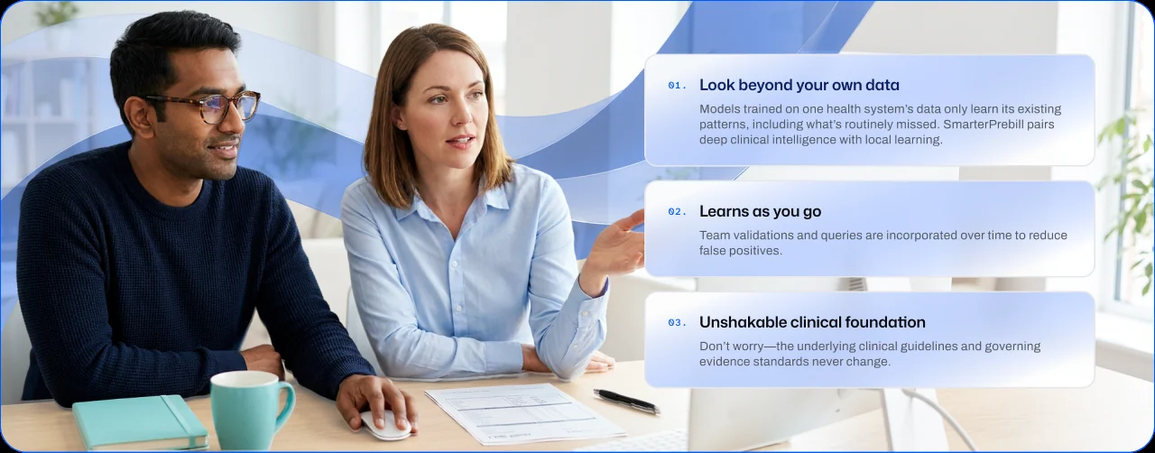 Two clinicians reviewing SmarterPrebill beside three steps: look beyond your own data, learns as you go, unshakable clinical foundation
