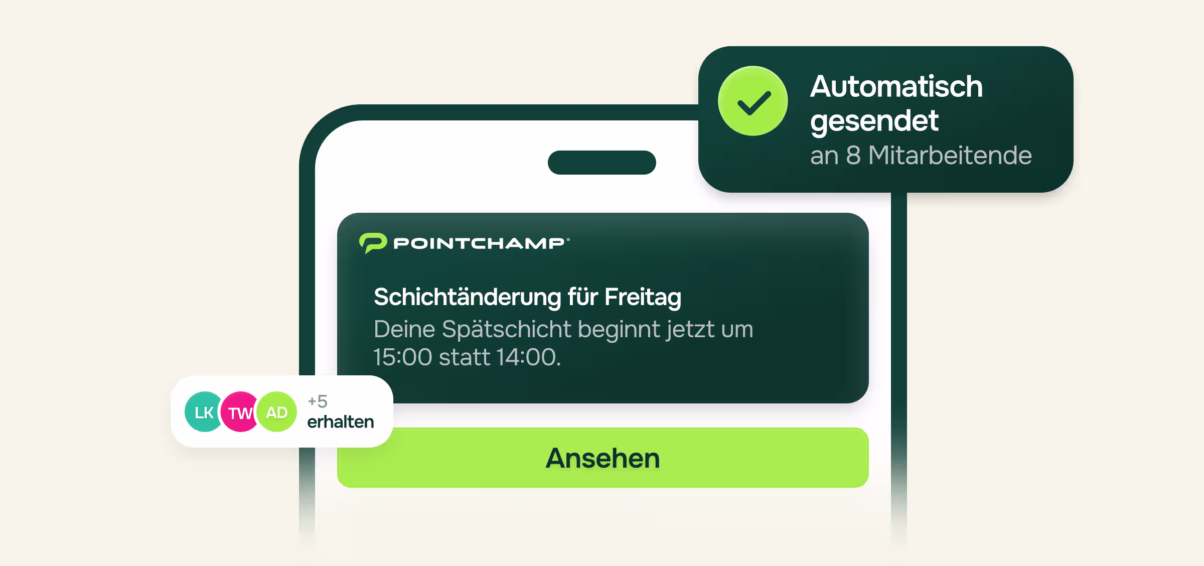 Illustration eines Smartphones mit einer Push-Benachrichtigung: Schichtänderung für Freitag, deine Spätschicht beginnt jetzt um 15:00 statt 14:00, mit Button Ansehen. Eingeblendete Hinweise: Automatisch gesendet an 8 Mitarbeitende sowie plus 5 erhalten.