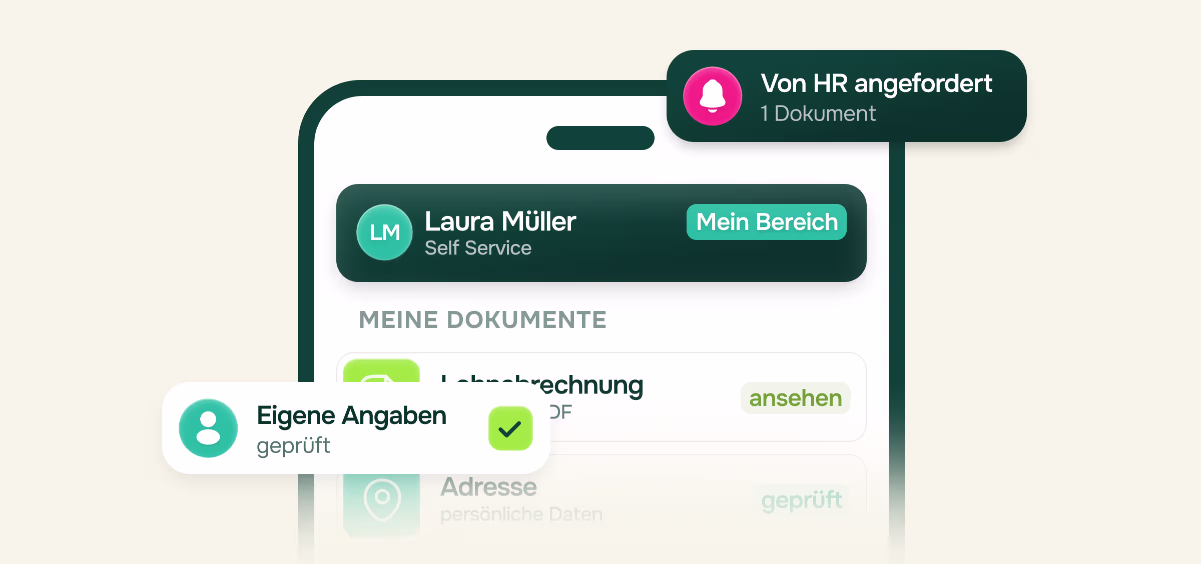 Illustration eines Smartphones mit der Self-Service-Ansicht von Laura Müller im Bereich Mein Bereich. Unter Meine Dokumente die Lohnabrechnung als PDF zum Ansehen und die geprüfte Adresse. Eingeblendete Hinweise: Von HR angefordert, 1 Dokument, sowie Eigene Angaben geprüft.