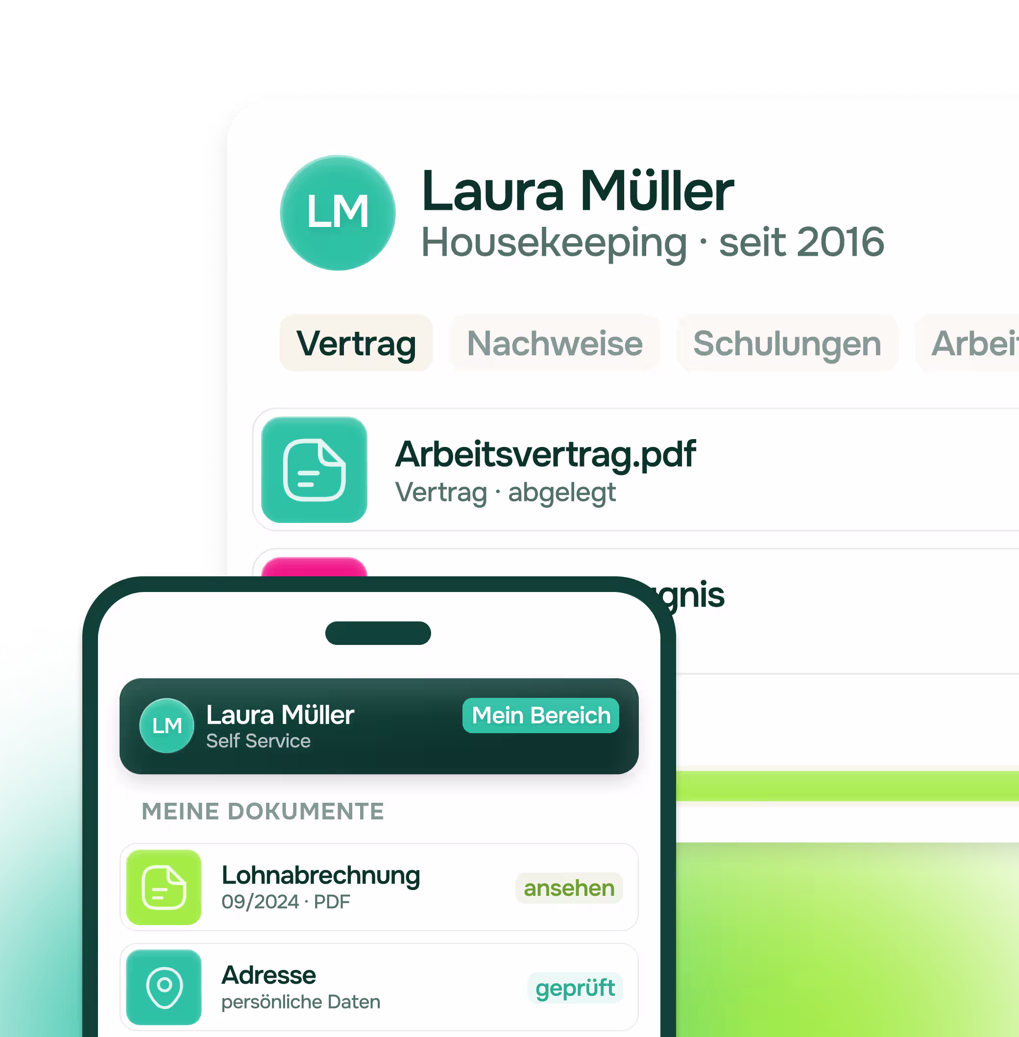 Illustration einer digitalen Personalakte von Laura Müller, Housekeeping seit 2016, mit den Reitern Vertrag, Nachweise, Schulungen und Arbeitsmittel. Eintrag Arbeitsvertrag.pdf, Vertrag abgelegt. Im Vordergrund ein Smartphone mit der Self-Service-Ansicht im Bereich Mein Bereich: unter Meine Dokumente die Lohnabrechnung 09/2024 als PDF zum Ansehen und die geprüfte Adresse.