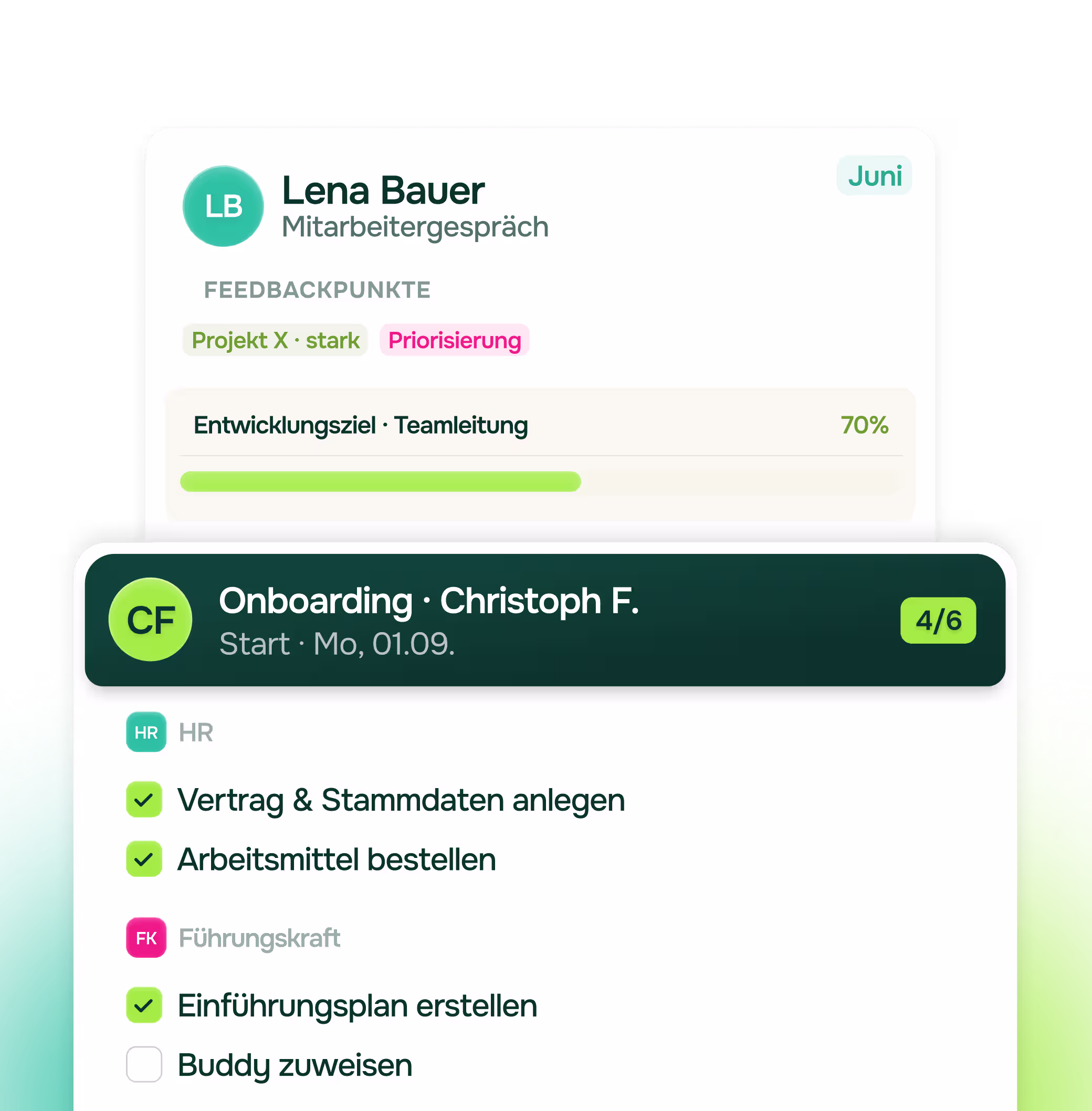 Illustration eines Mitarbeitergesprächs mit Lena Bauer im Juni: Feedbackpunkte Projekt X stark und Priorisierung, Entwicklungsziel Teamleitung zu 70 Prozent erreicht. Im Vordergrund eine Onboarding-Checkliste für Christoph F., Start Montag 01.09., Fortschritt 4 von 6. Unter HR erledigt: Vertrag und Stammdaten anlegen, Arbeitsmittel bestellen. Unter Führungskraft erledigt: Einführungsplan erstellen, offen: Buddy zuweisen.