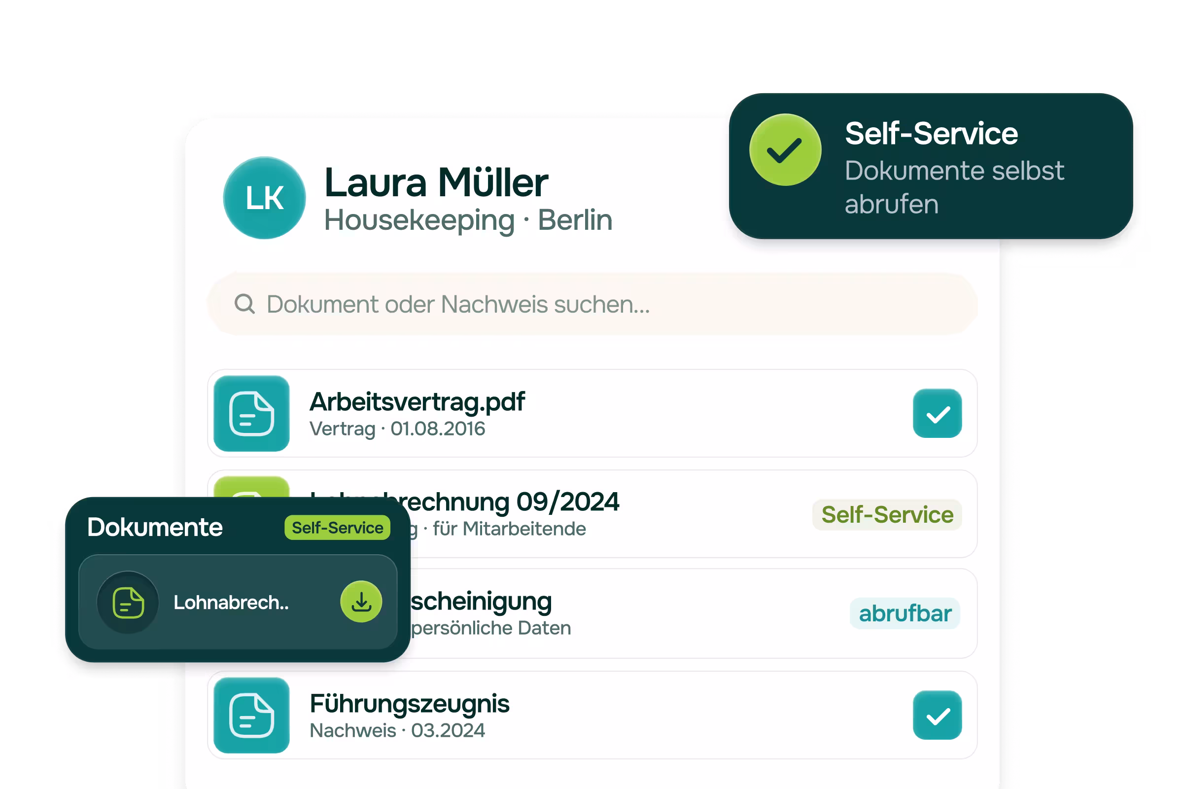 Pointchamp digitale Personalakte: Mitarbeiterprofil mit e-signiertem Arbeitsvertrag, Lohnabrechnung im Self-Service und übergebenen Arbeitsmitteln.