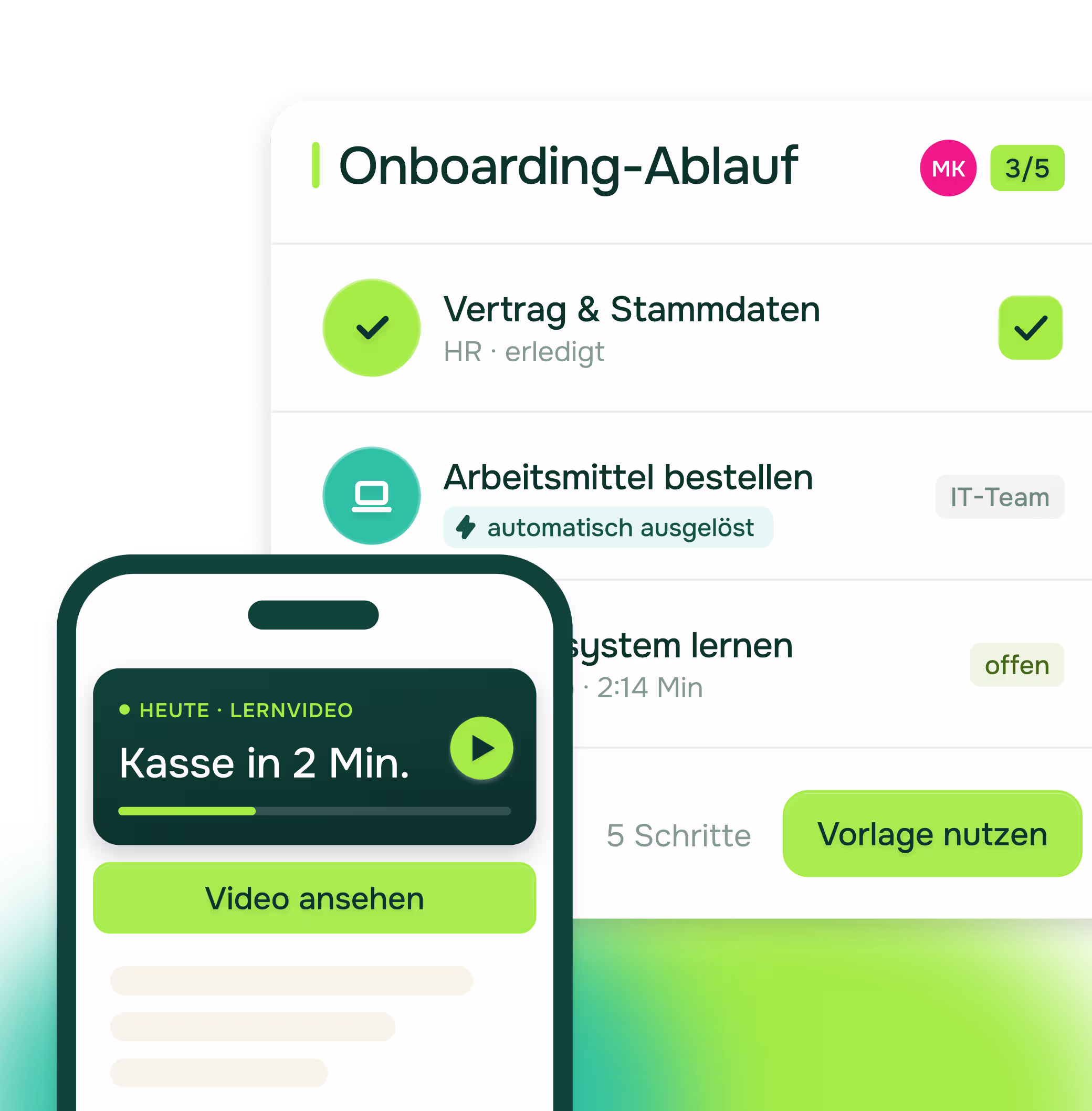 Onboarding-Ablauf in Pointchamp mit automatisch ausgelöstem Schritt und Vorlage, daneben ein Smartphone mit Lernvideo als To-do für neue Mitarbeitende.