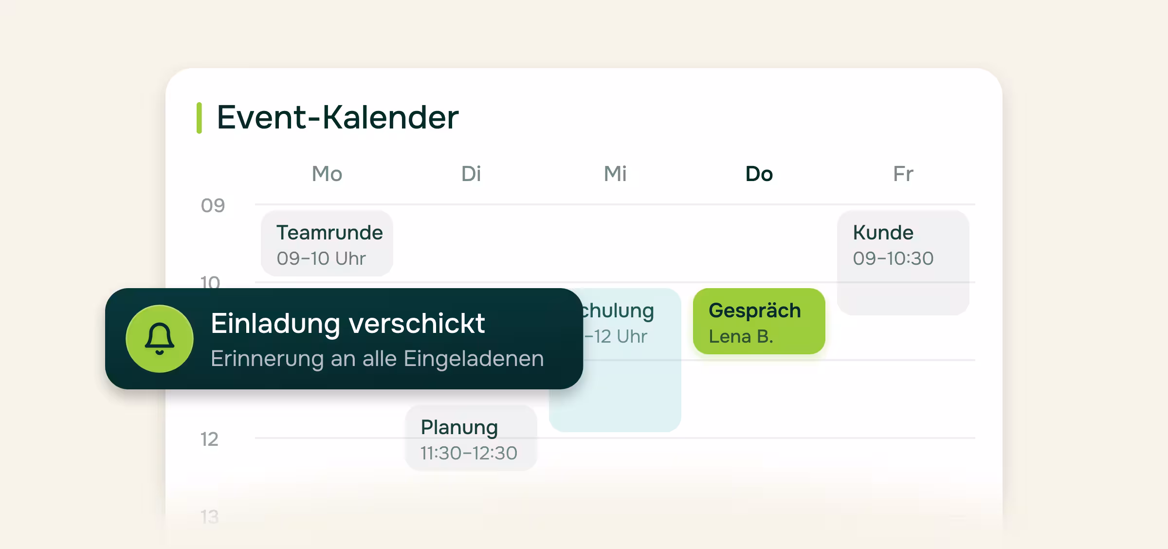 Event-Kalender mit bestehenden Terminen und neu geplantem Mitarbeitergespräch, Einladung und Erinnerung werden automatisch verschickt.