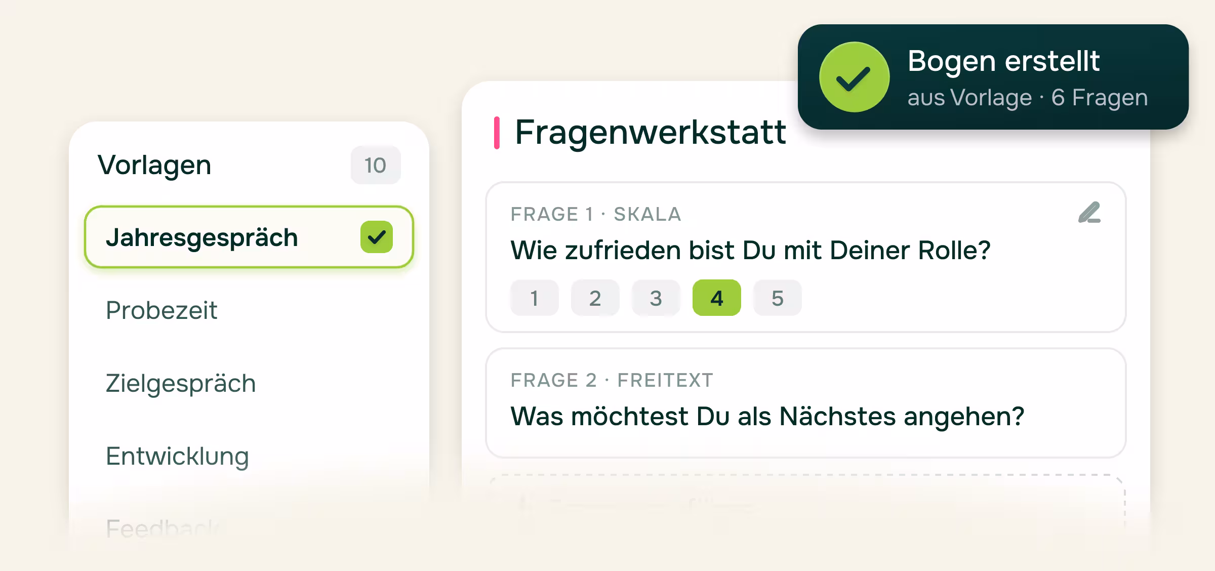Fragenwerkstatt in Pointchamp: Feedbackbogen aus der Vorlage „Jahresgespräch“ mit Skalen- und Freitextfrage erstellen.