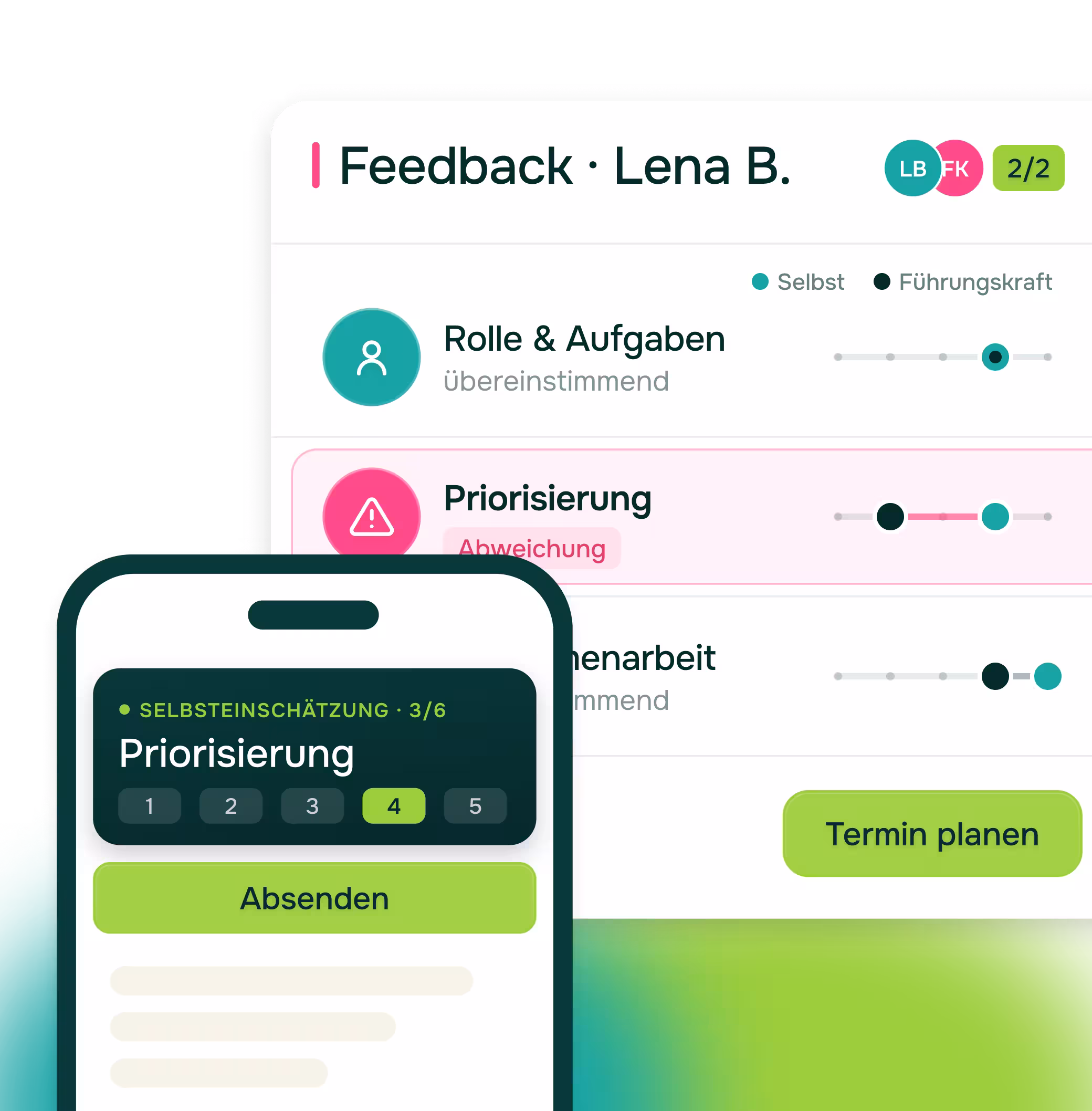 Feedbackvergleich in Pointchamp mit hervorgehobener Abweichung zwischen Selbst- und Fremdeinschätzung, daneben ein Smartphone mit Feedbackbogen zur Selbsteinschätzung.