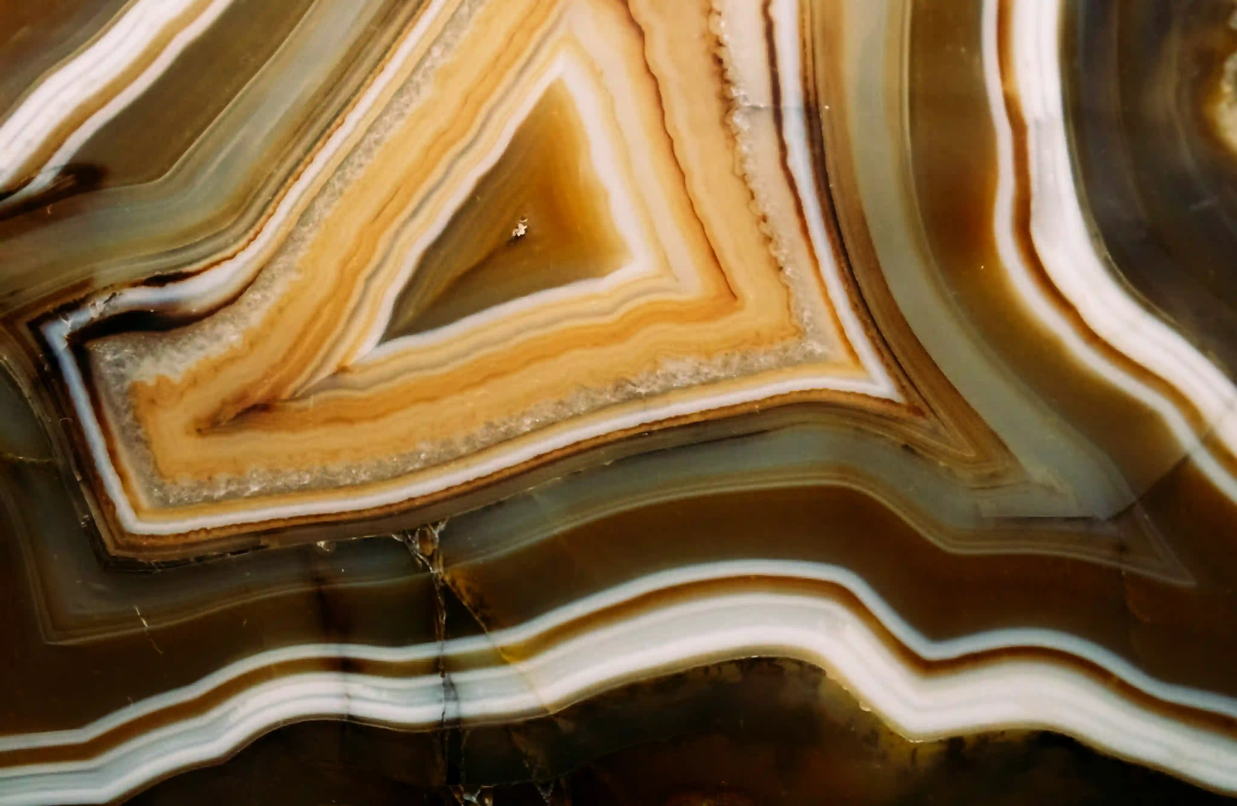 Close-up of brown and white agate stone with layered band patterns and smooth texture.