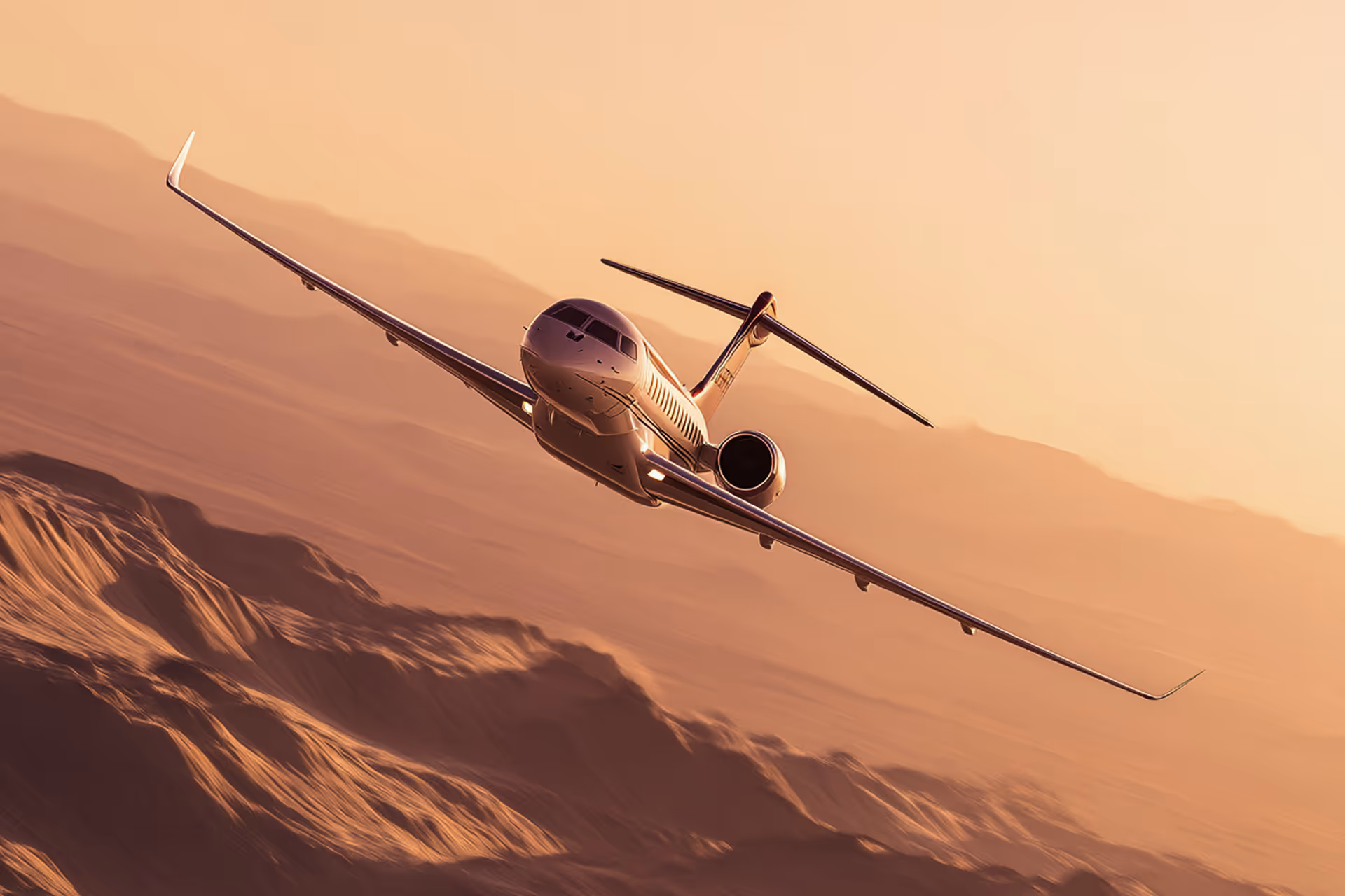 Private jet flying over rugged mountains during sunset with warm golden light.