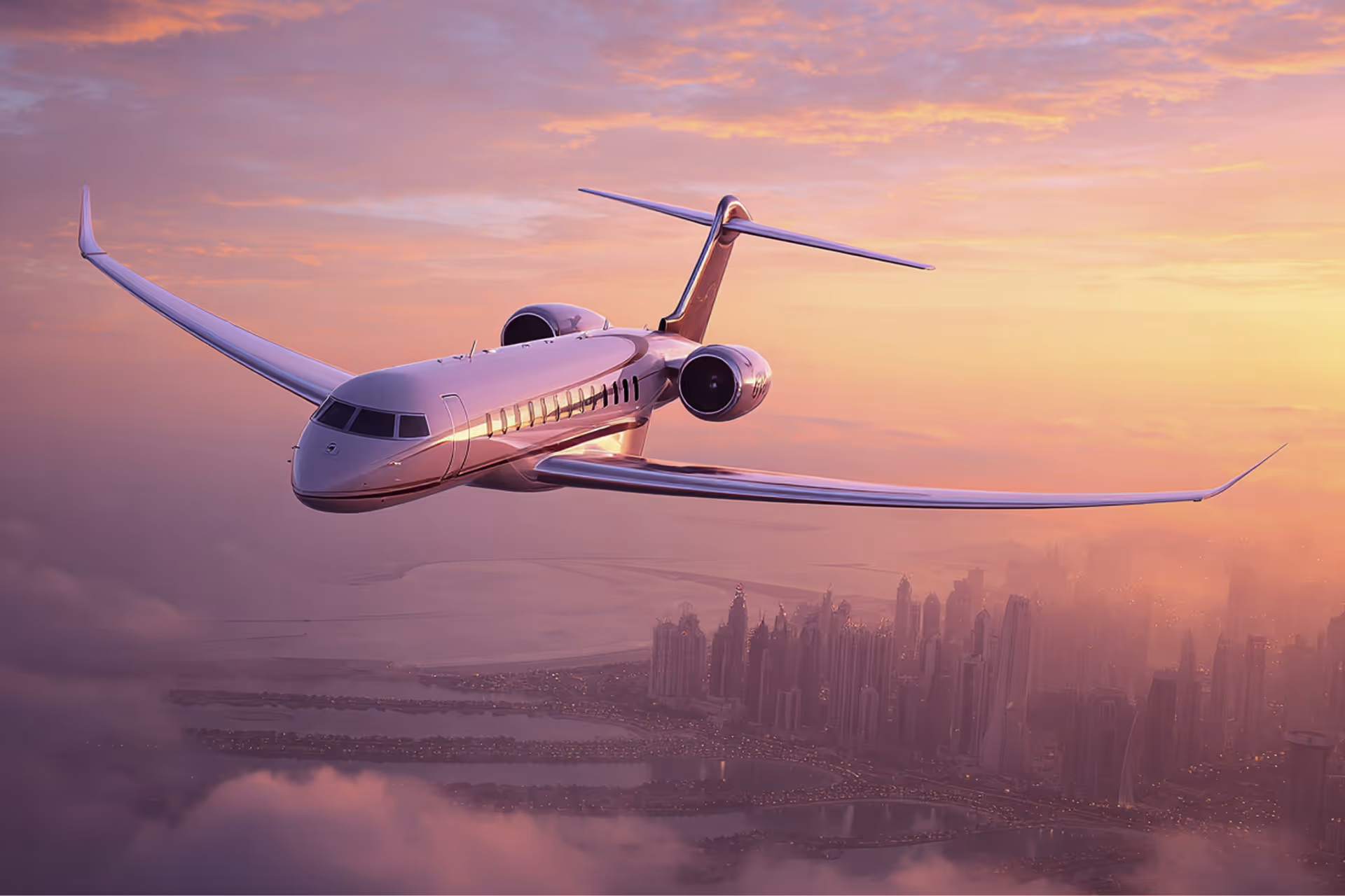 Private jet flying over a coastal city skyline at sunset with a pink and orange sky.