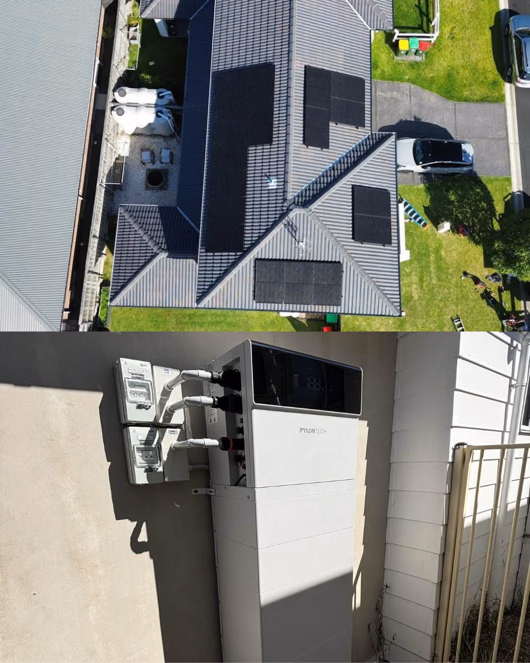 Two images featuring soloar panels and a solar battery
