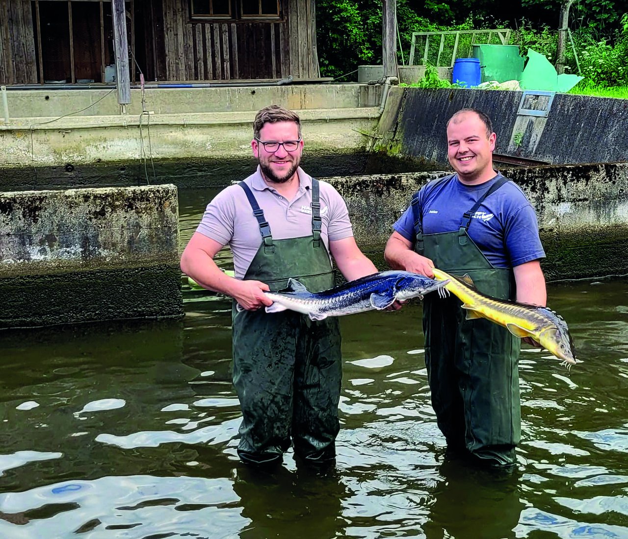Christian Strasser und Fabian Krenner von Happy Fisch mit einem Fisch aus ihren Teichen