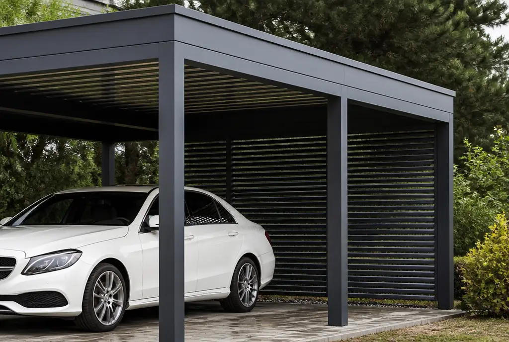 Carport aluminium anthracite abritant une voiture