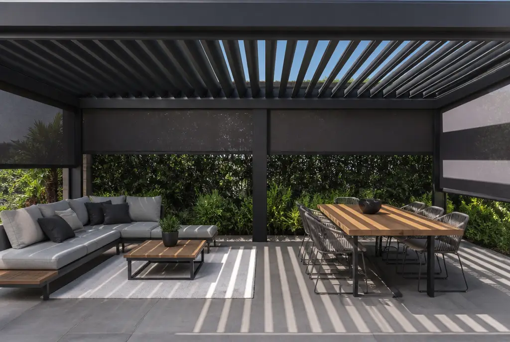 Pergola bioclimatique à lames orientables avec salon et table à manger