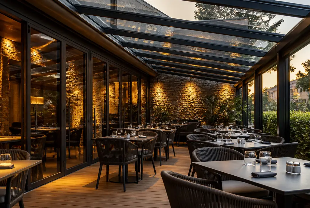 Véranda vitrée aménagée en terrasse de restaurant