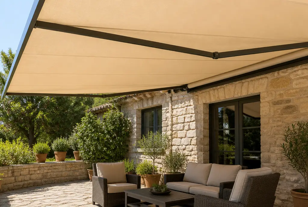 Store banne déployé au-dessus d'une terrasse
