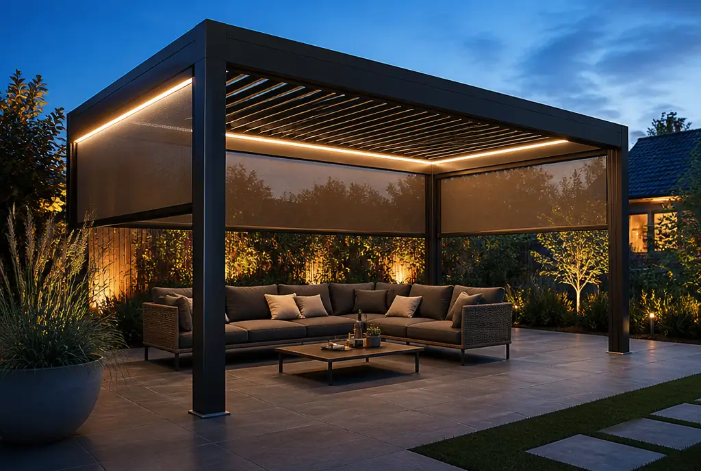Pergola aluminium éclairée au crépuscule avec stores verticaux et salon extérieur