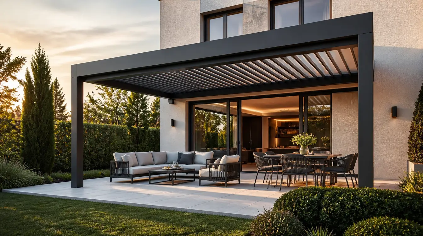 Pergola bioclimatique à lames orientables adossée à une maison contemporaine