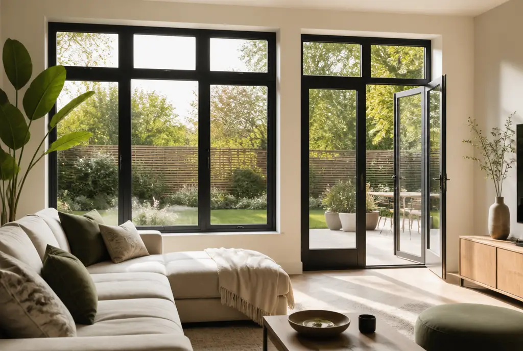 Fenêtre aluminium noire dans un séjour lumineux, vue intérieure