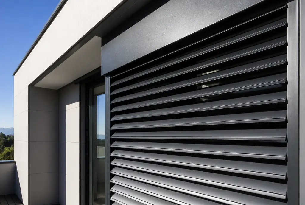 Brise-soleil orientable en aluminium sur une façade contemporaine