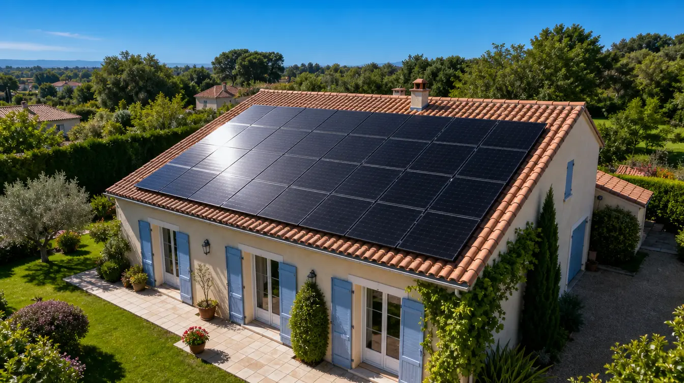 Panneaux photovoltaïques noirs installés sur la toiture d'une maison