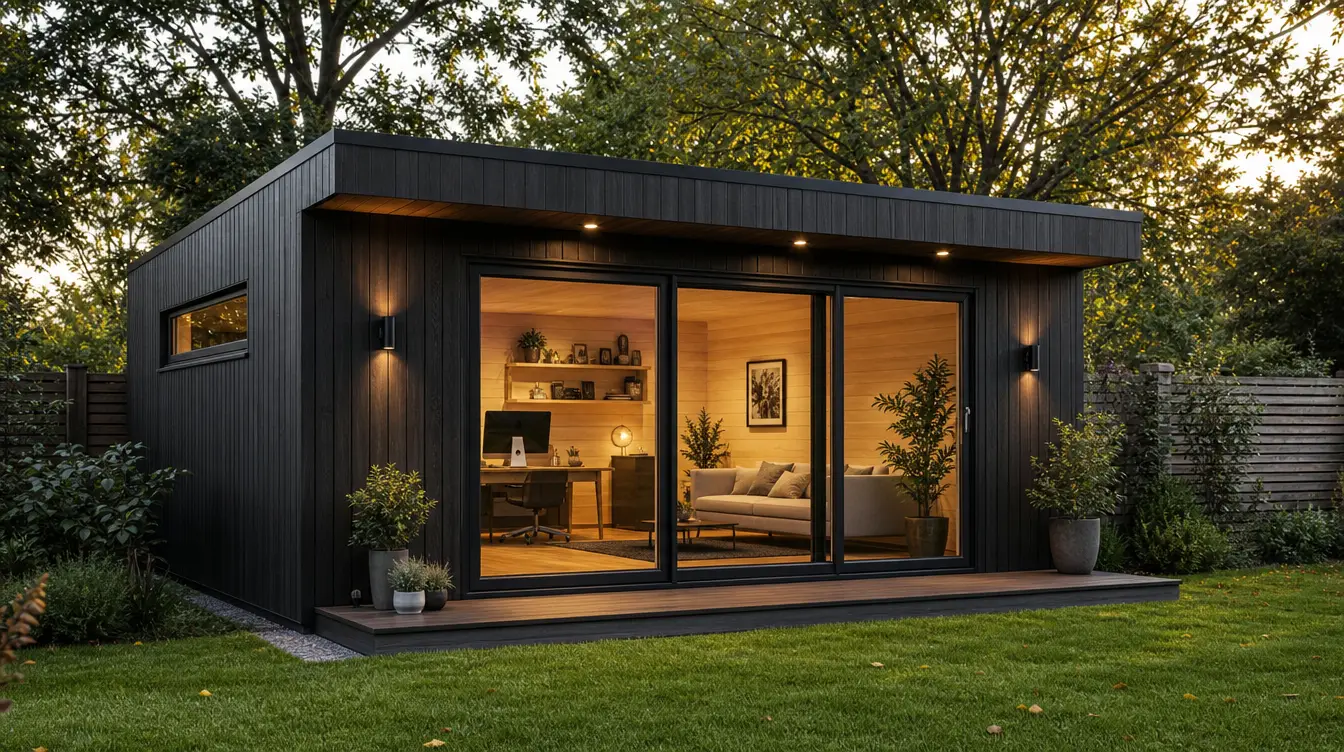 Studio de jardin isolé à bardage bois avec grandes baies vitrées