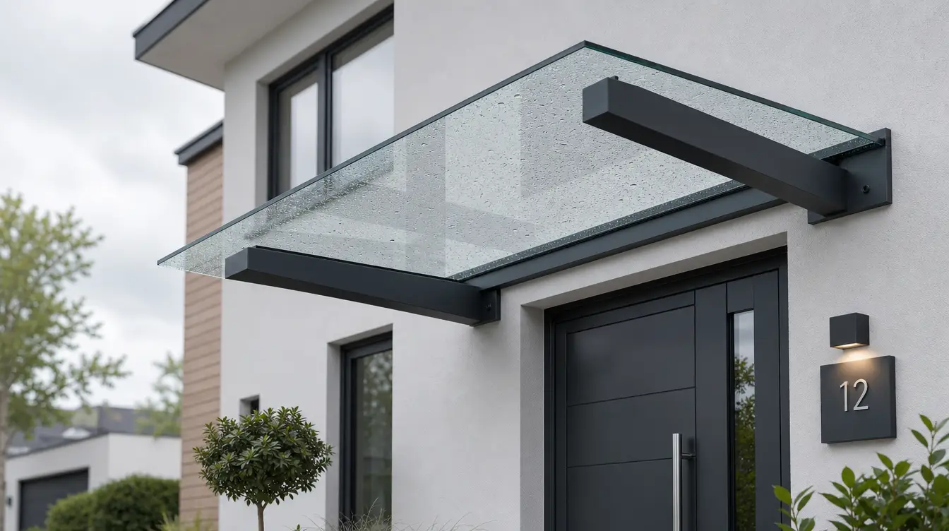 Marquise en verre et aluminium anthracite au-dessus d'une porte d'entrée