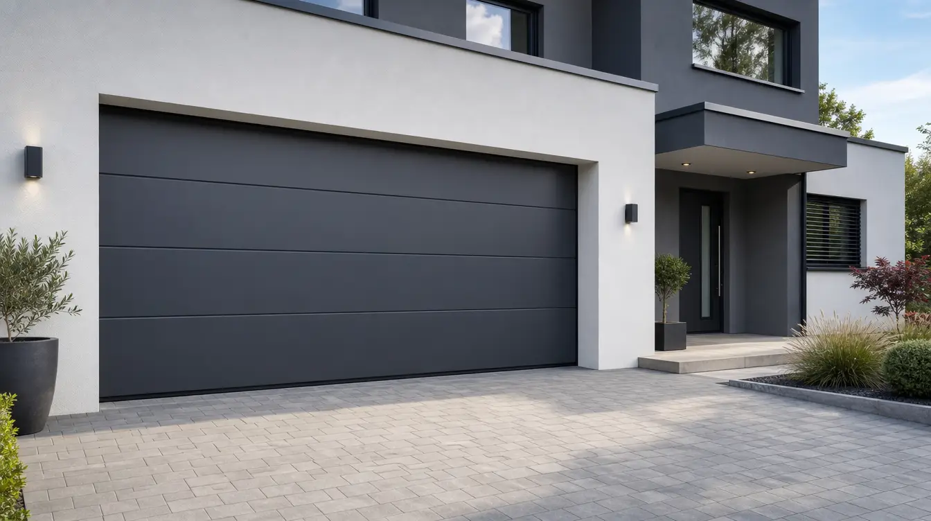 Porte de garage sectionnelle gris anthracite sur une façade contemporaine