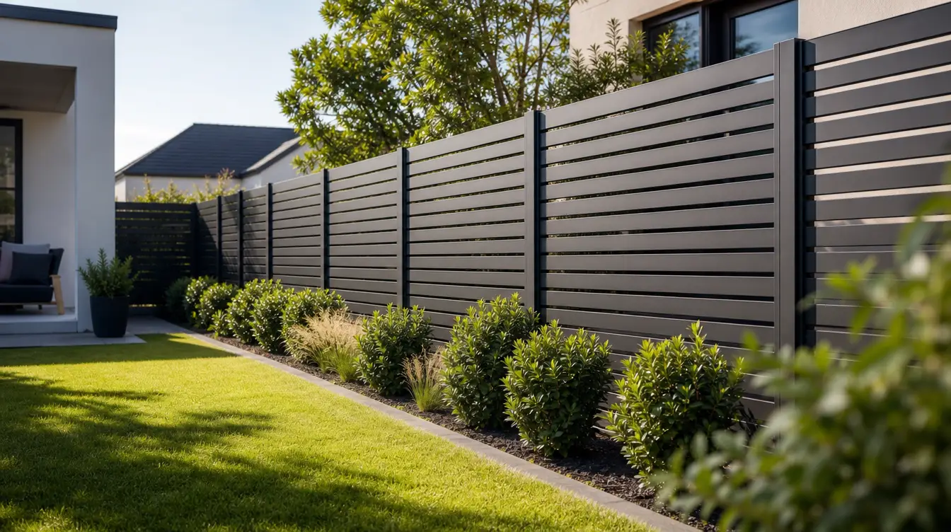 Clôture aluminium à lames occultantes anthracite le long d'une propriété