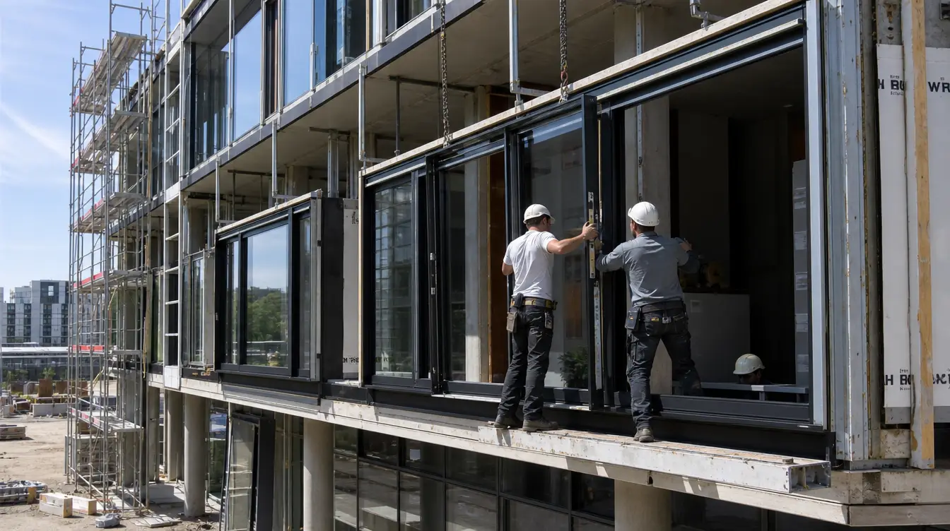 Pose de menuiseries aluminium sur un chantier de bâtiment