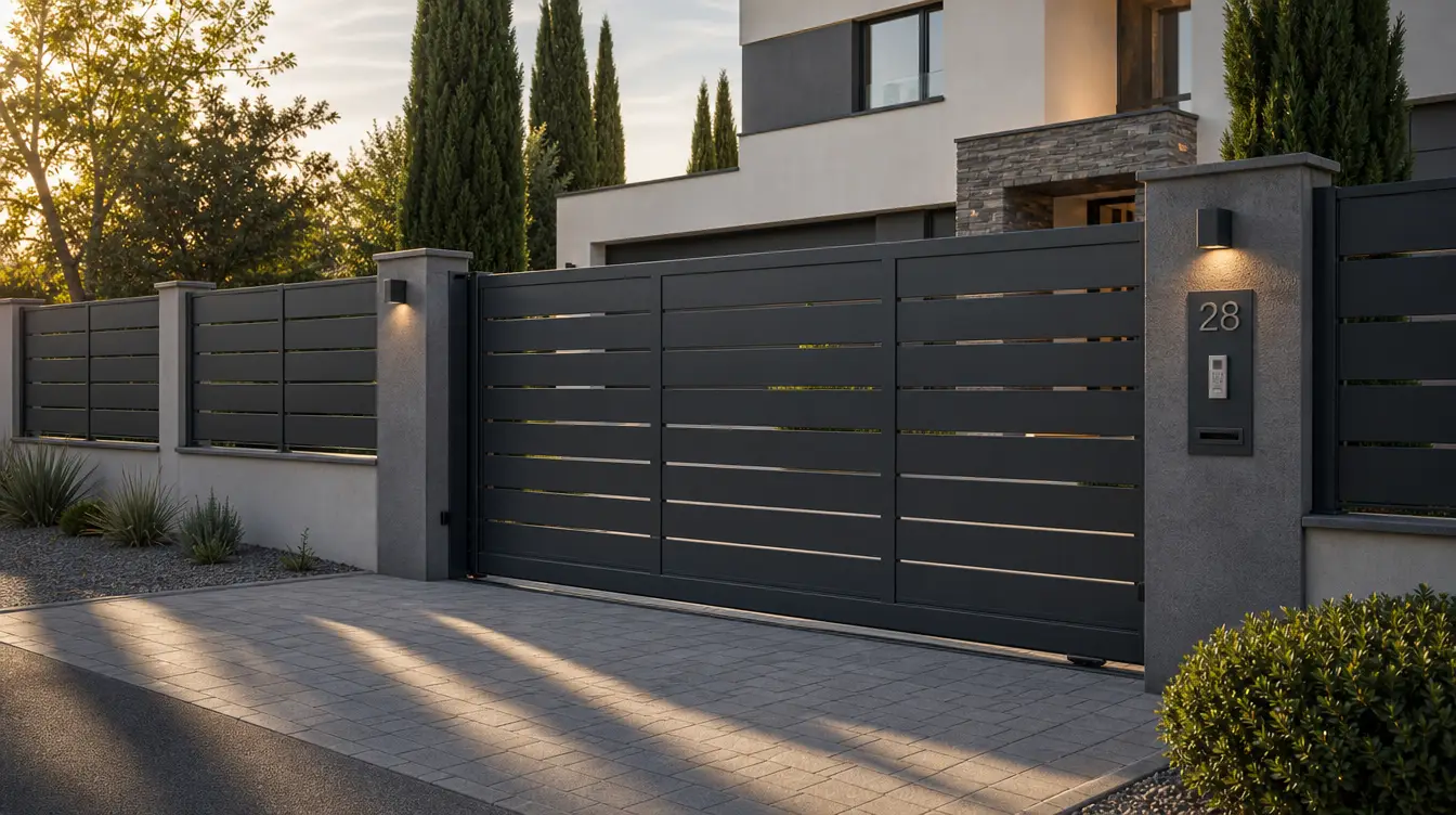 Portail coulissant en aluminium anthracite à l'entrée d'une propriété