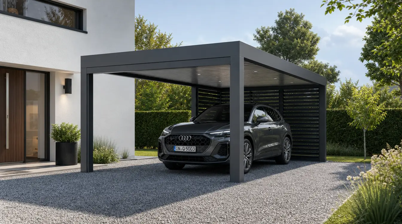 Carport aluminium anthracite à toit plat abritant une voiture