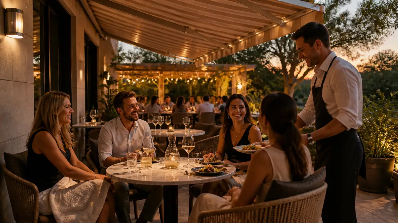 Stores et pergolas pour terrasses de restaurant en situation