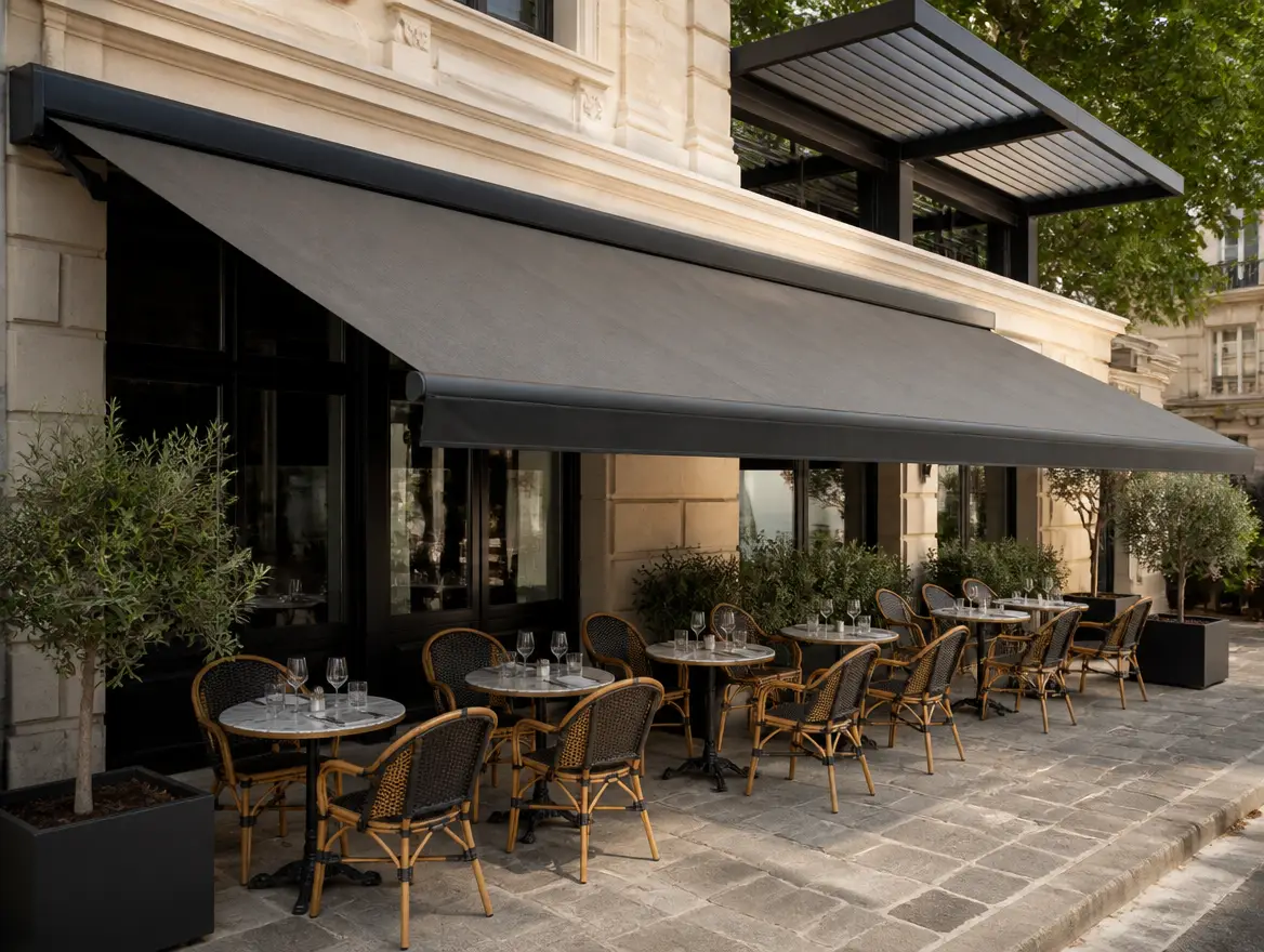 Stores et pergolas pour terrasses de restaurant, vue 1