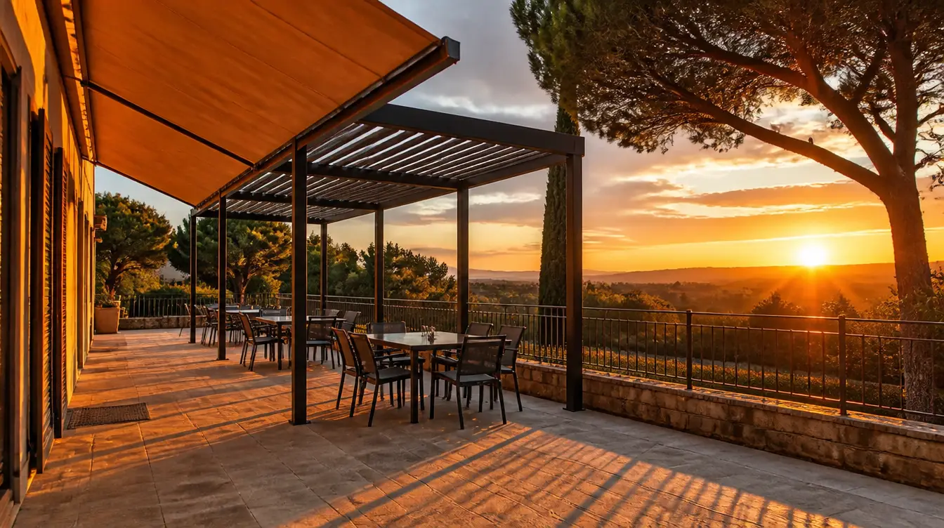 Stores et pergolas pour terrasses de restaurant en fin de journee