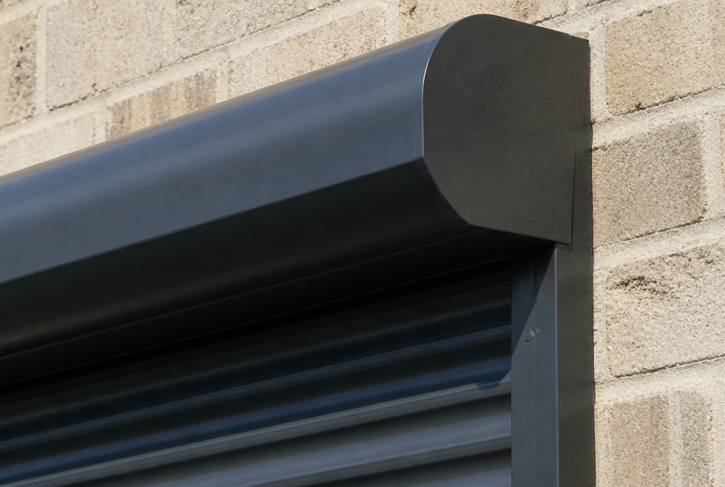 Detail du coffre apparent et du tablier d'un volet roulant en aluminium thermolaque anthracite