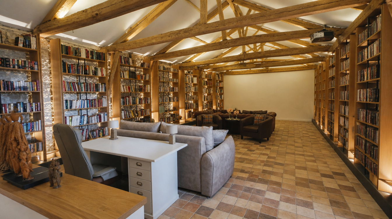 Vue large de la bibliotheque sur mesure en chene sous charpente ancienne