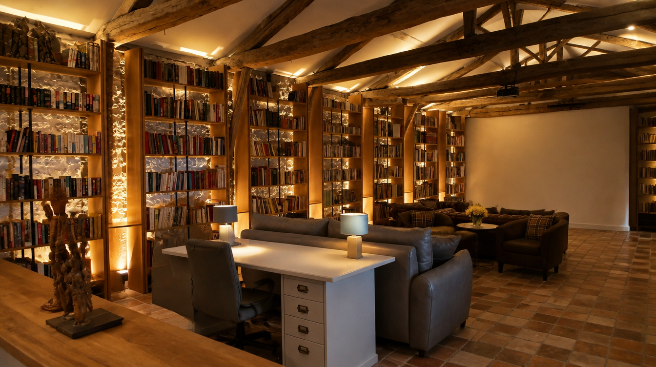 Ambiance du soir, bibliotheque en chene eclairee par ses bandeaux integres