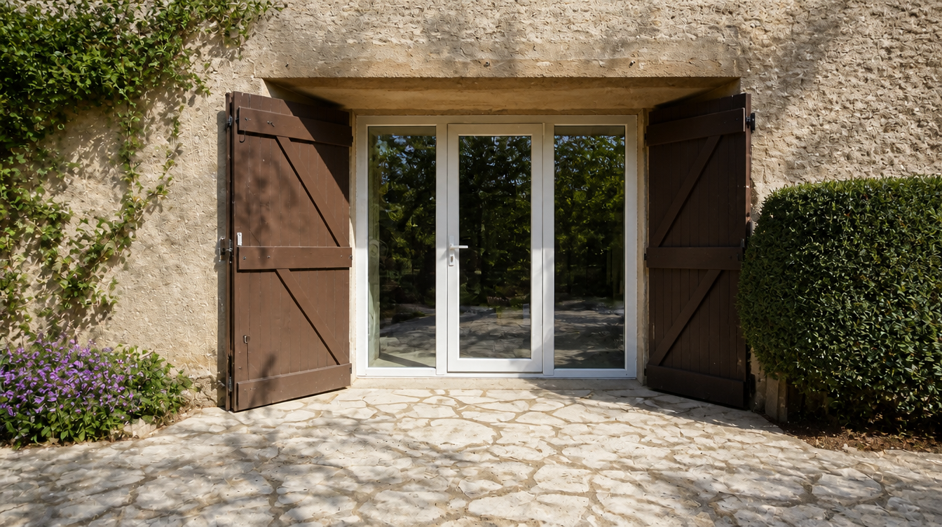 Ancien garage ferme par une porte PVC blanche vitree et deux fixes lateraux