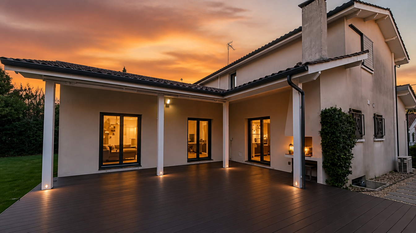 Ambiance de fin de journee, facade arriere eclairee et menuiseries aluminium anthracite