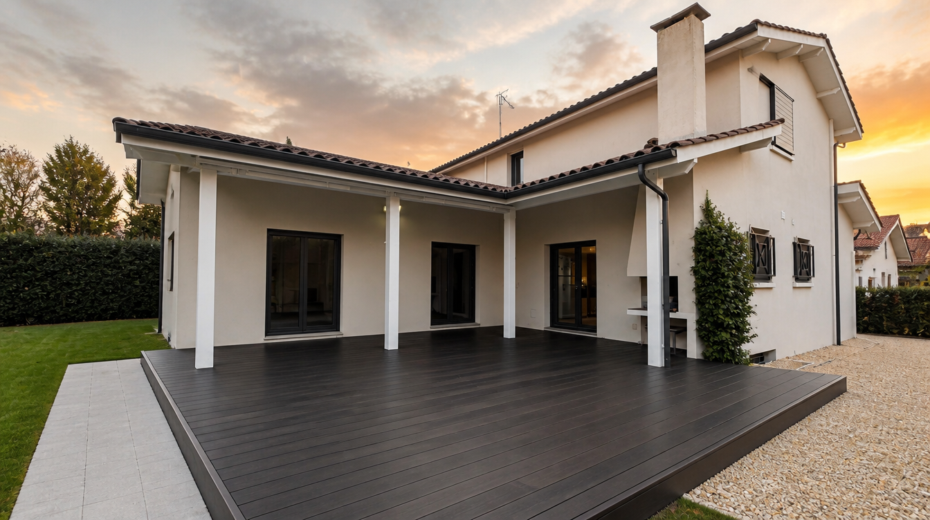 Terrasse couverte et menuiseries aluminium anthracite de la facade arriere au crepuscule