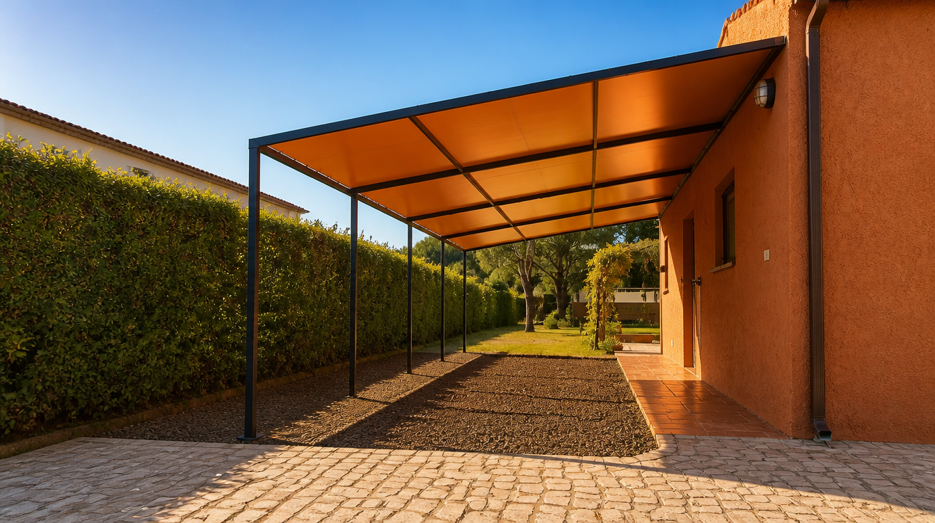 Carport en lumiere de fin d'apres-midi, ombres portees sur le gravier