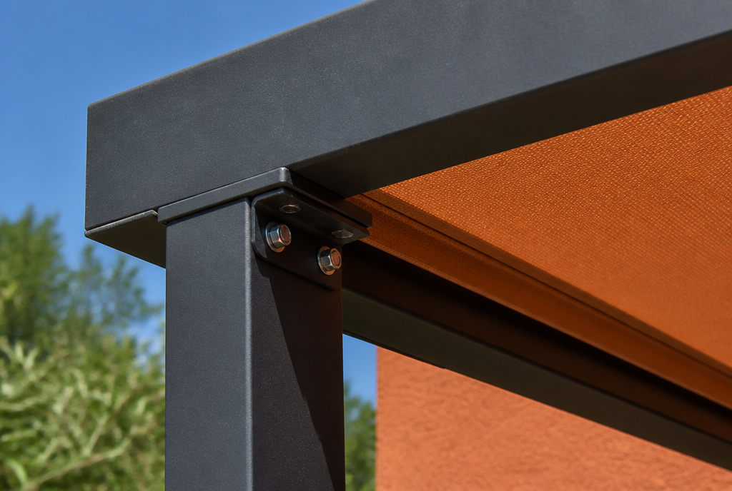 Detail de l'assemblage boulonne d'un poteau acier et de la poutre du carport